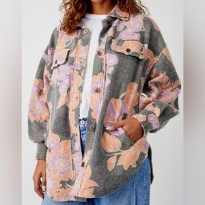 Free People Ruby Gray and Orange Floral Oversized Shacket Jacket